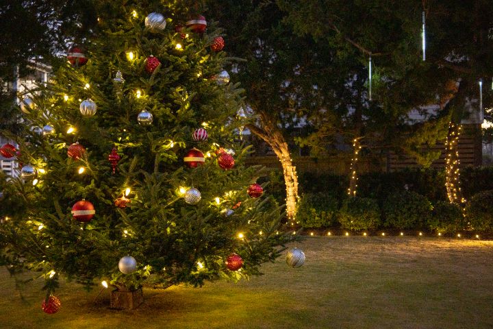 Warm white holiday lighting on a home